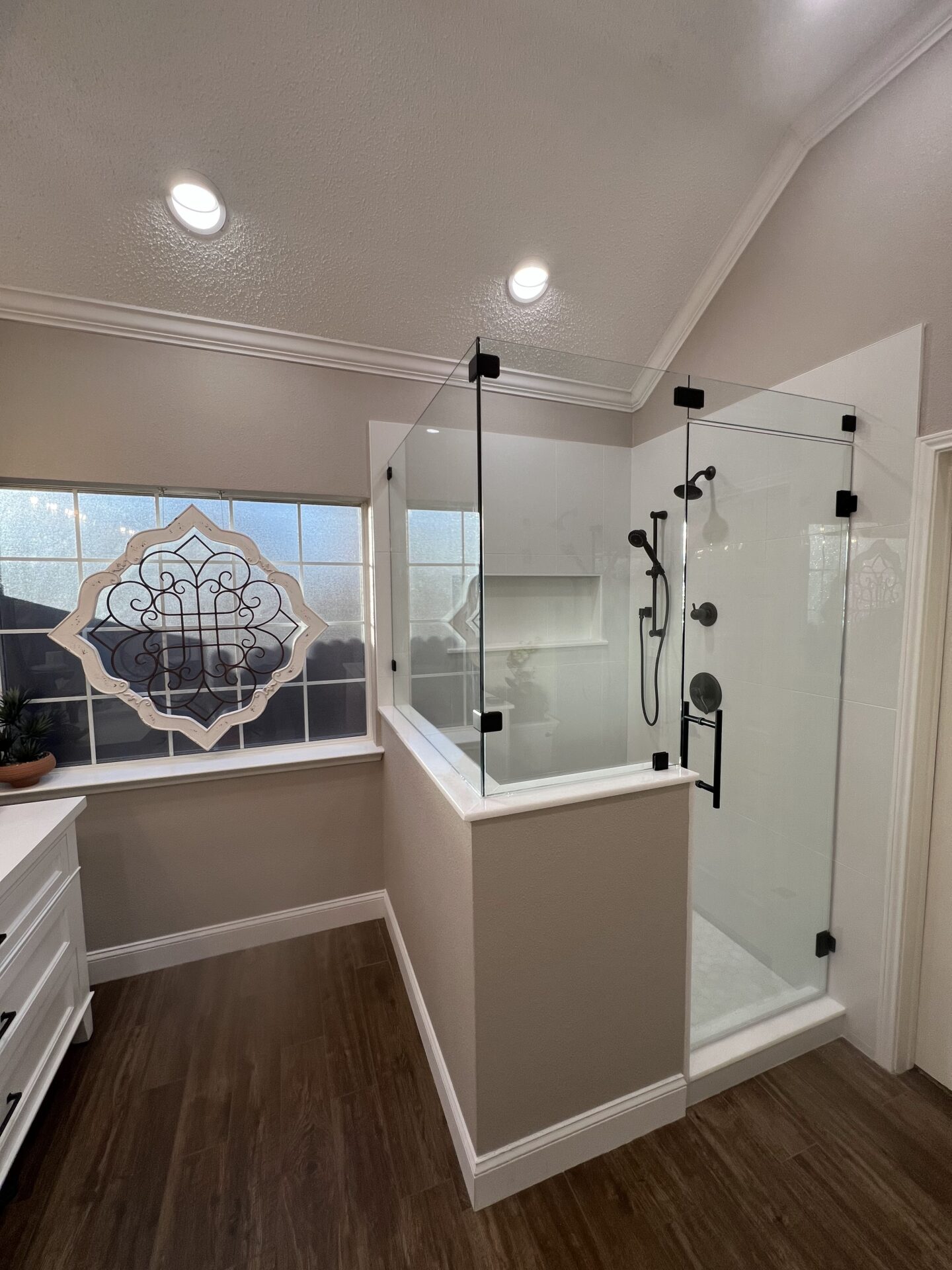 3 panel with transom Custom Glass bathroom door